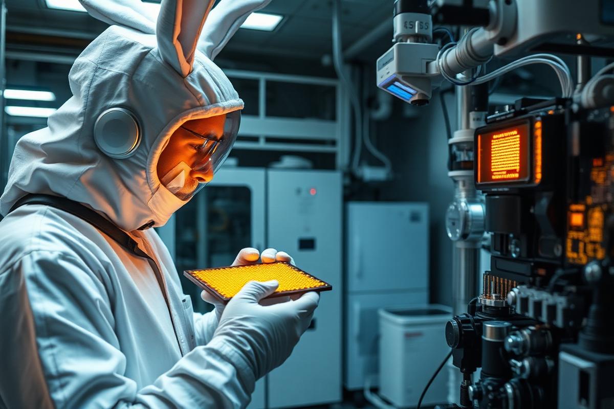 An engineer inspects a wafer in a fabrication plant outside Hsinchu, where the air is filtered to be thousands of times cleaner than an operating room.